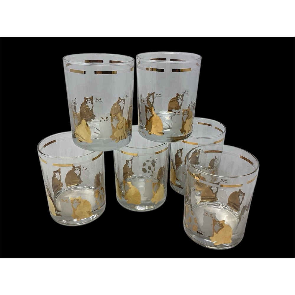 (6) Georges Briard MCM Gold Cats Low Ball Rocks Glass Tumbler 12 oz VTG